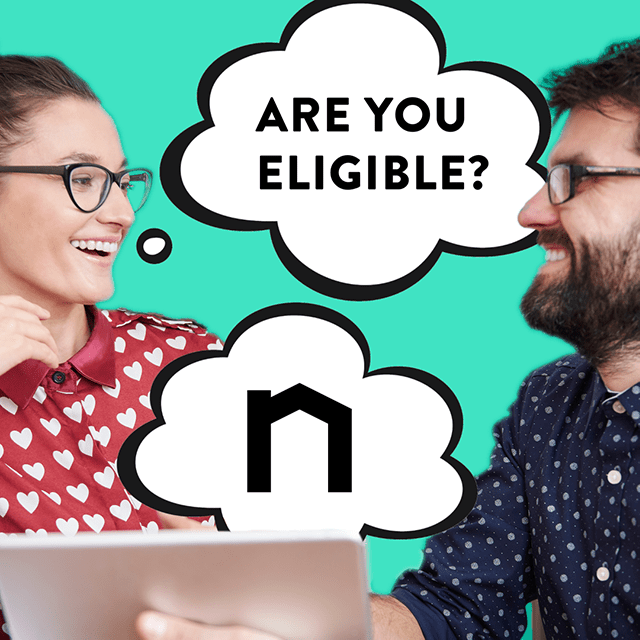 A girl in red shirt with white harts and glasses to the left is asking a guy in dark blue shirt with white dots and glasses is he eligible for moving tax deductions. A young man is showing Next Moving websites where she can find all the qualifications for moving tax deductions for eligible civilians.